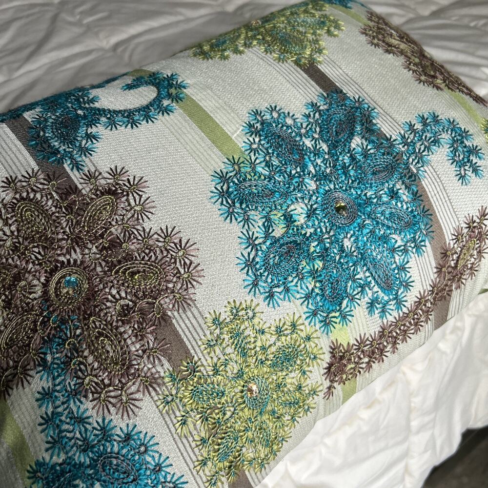 Pier 1 Imports Jeweled Embroidered Accent Pillow Green/Teal/Brown 19x13 - Picture 3 of 8